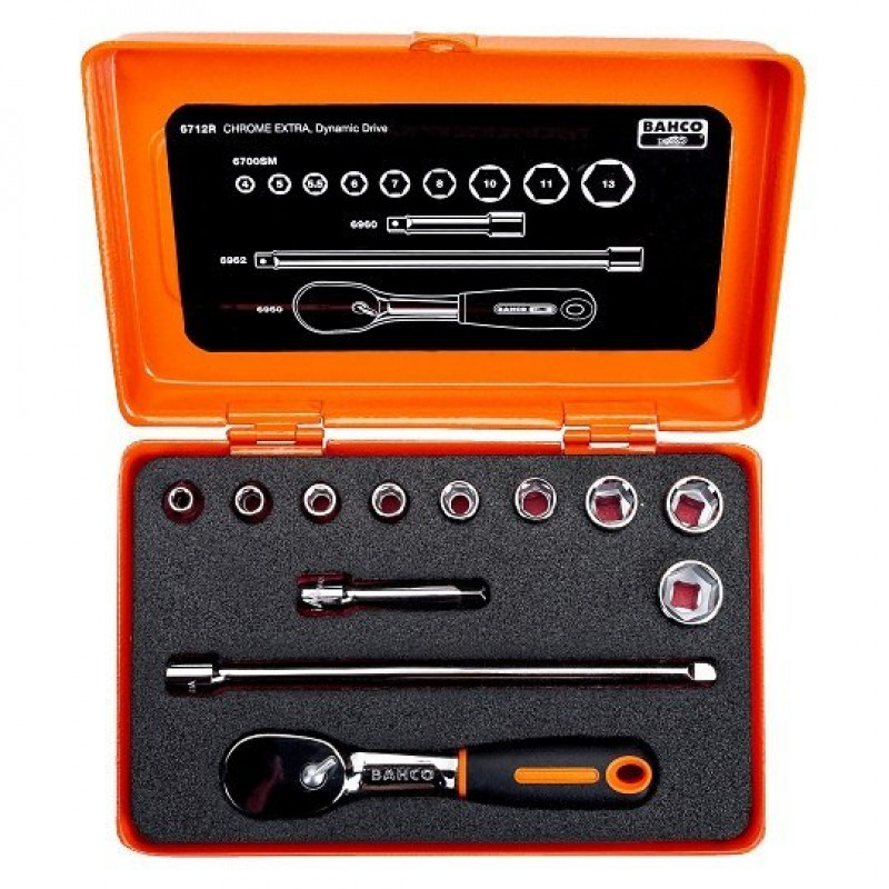 Набір торцевих ключів 1/4 M4-M13 з 6-гранною головкою, з тріскачкою, 12 предм. BAHCO [6712R]