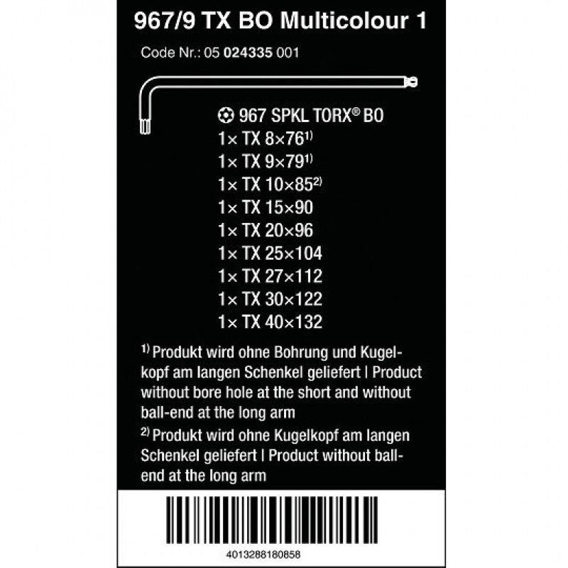 Набор из 9 разноцветных шестигранных ключей Torx BO 967/9, Wera [05024335001] с магнитом