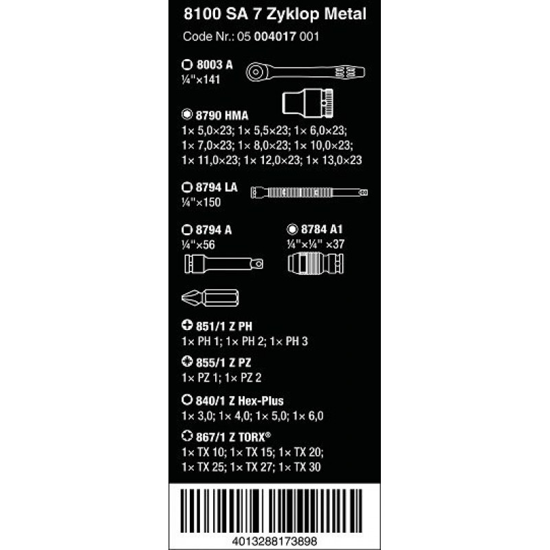 Набір із 28 торцевих ключів та біт 1/4 5-13 мм Zyklop Metal 8100 SA 7 Wera [05004017001]