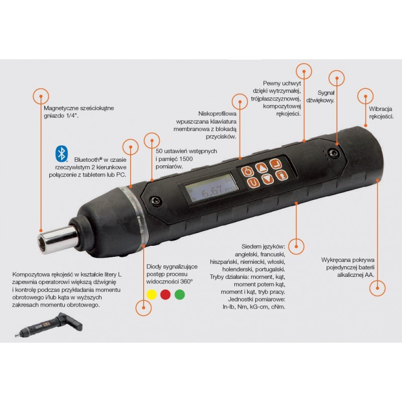 Електронна динамометрична викрутка з вимірюванням крутного моменту та кута, пам'яттю та Bluetooth-з'єднанням, 0,45-9 Нм, Bahco [TASMB14H09] внутрішня