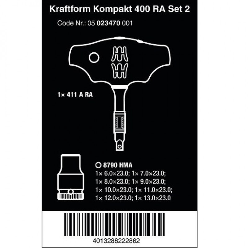 Набір з 8 головок 1/4, від 6 до 13 мм, з тріскачкою 1/4 Kraftform Kompakt 400RA, упаковка Wera 3go [05023470001]