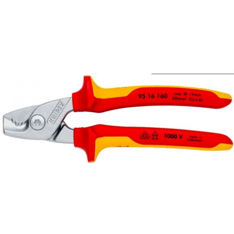 Кусачки для кабелів Knipex VDE з ізоляцією 160 мм [95 16 160] зі ступінчастою ріжучою кромкою
