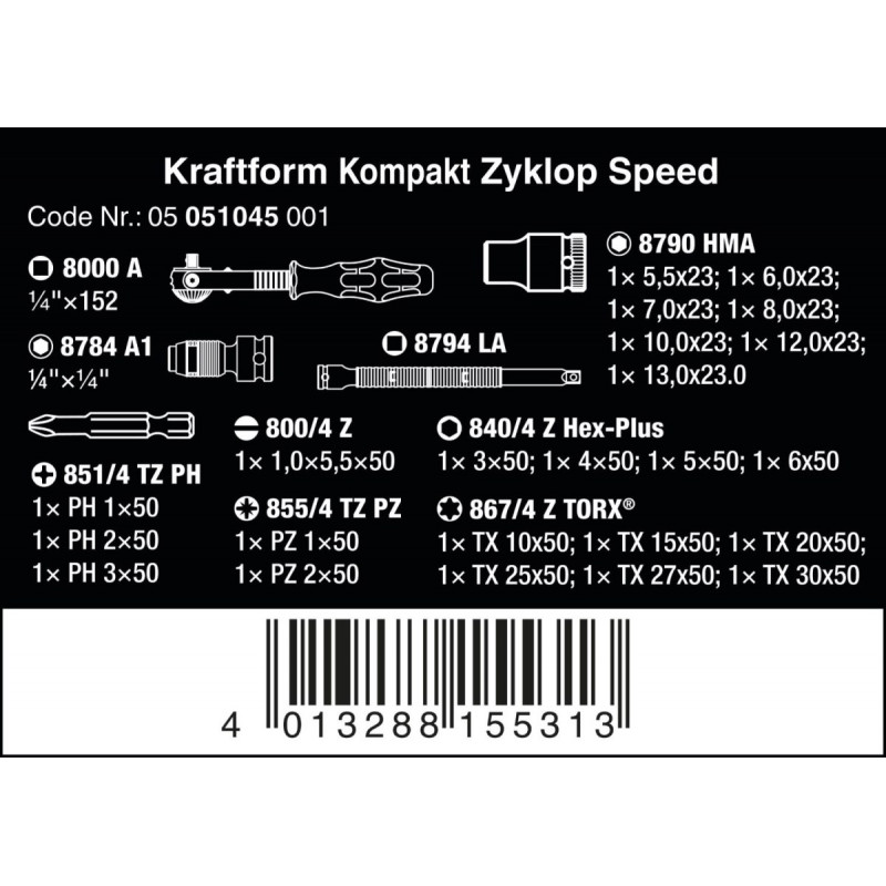 Набір із 26 головок та біт із тріскачкою 1/4 Kraftform Kompakt Zyklop Speed WERA [05051045001]