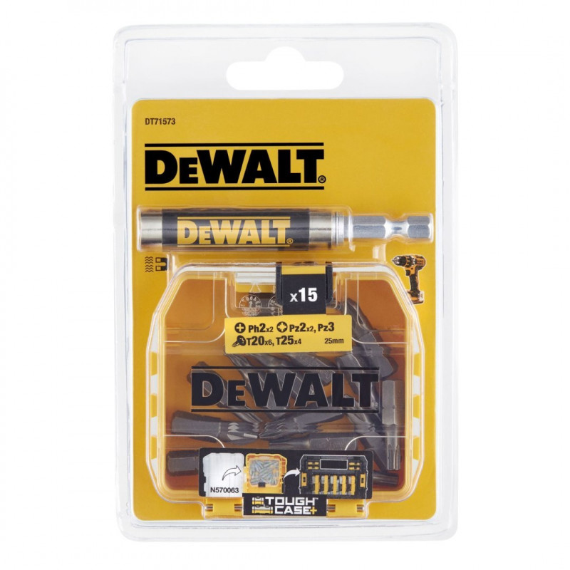 Набор из 15 бит Torison TX20, TX25, PH2, PZ2, PZ3 + адаптер, 1/4, для хранения небольших объемов, ToughCase+ Dewalt [DT71573-QZ]