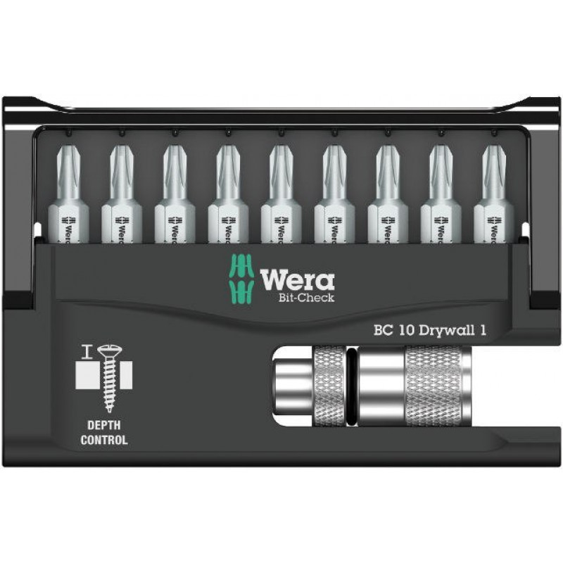Набір біт PH2 1/4 з адаптером з регульованою глибиною вкручування, Bit-Check 10 для гіпсокартону 1 Wera [05136011001]
