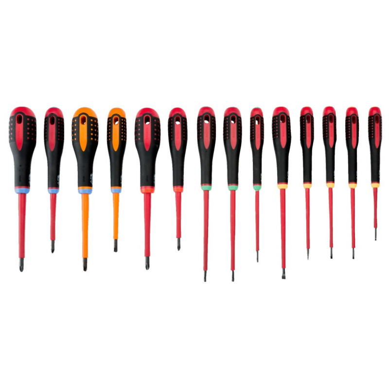 Набор из 14 изолированных отверток для работы под напряжением, серия ERGO BAHCO [BE-9876S] для шлицевых, крестовых, Pozidriv и винтов TO