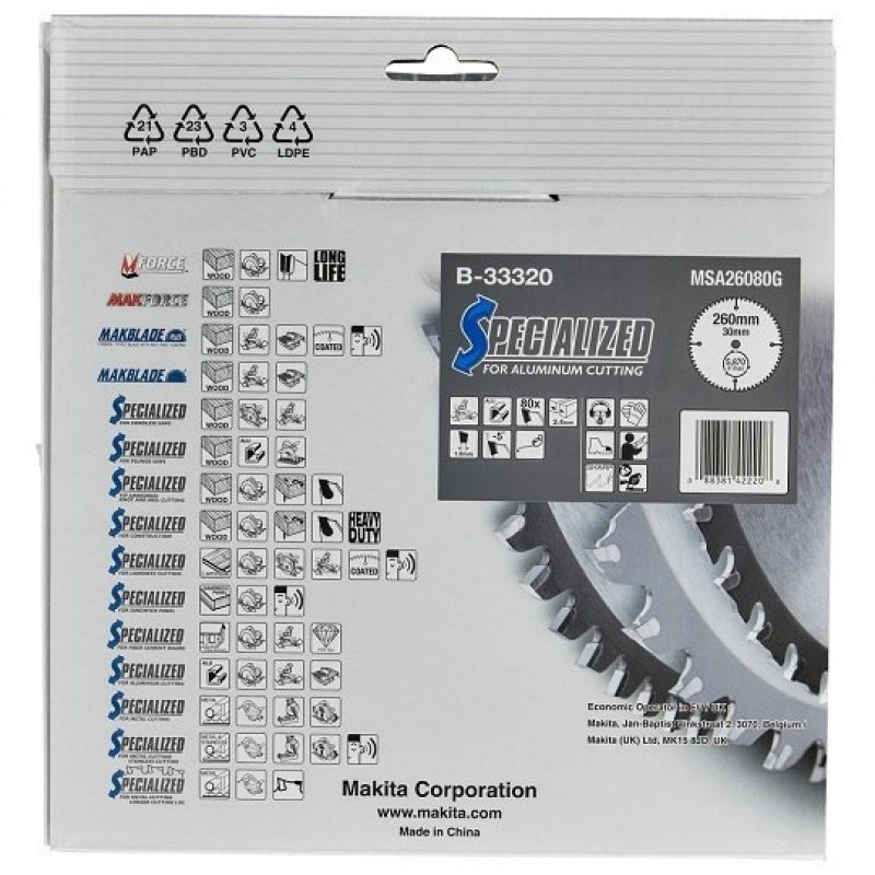 Дисковая пыльцевая пилка для алюминия, ПВХ, ламината, 260/30 мм, 80 зубцов, SPECIALIZED Makita [B-33320]
