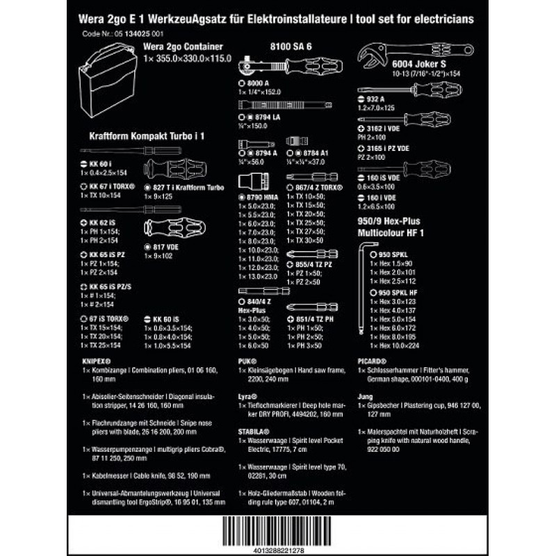 Набор инструментов электрика Wera 2go E 1 [05134025001] 73 предмета