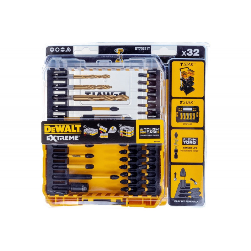 Набір із 32 предметів ударних біт 1/4 IMPACT TORSION EXTREME + свердла, МАЛИЙ МІЦНИЙ КЕЙС+, DeWALT [DT70741T-QZ]