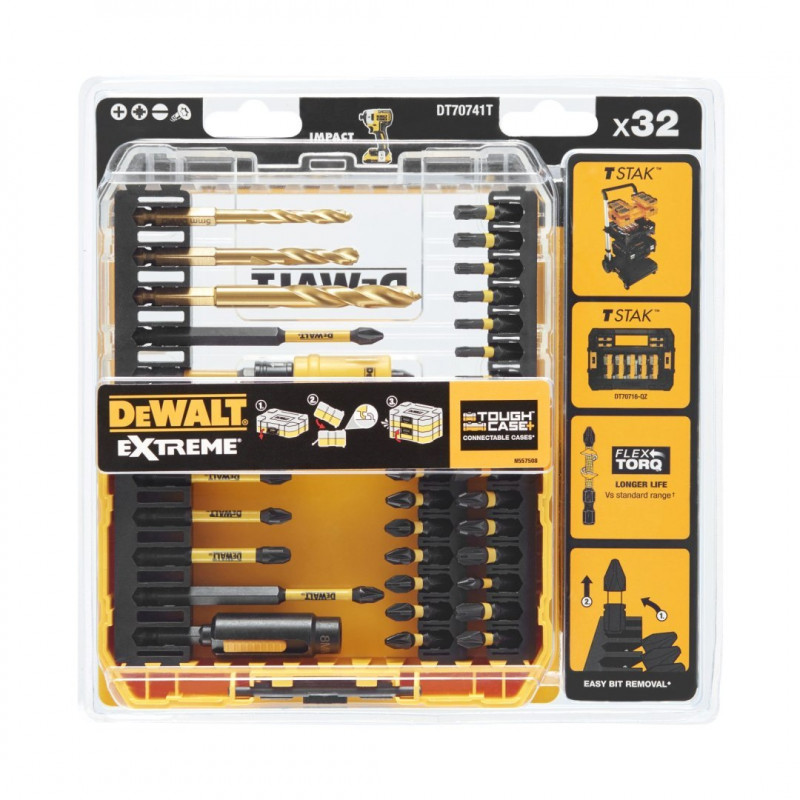 Набір із 32 предметів ударних біт 1/4 IMPACT TORSION EXTREME + свердла, МАЛИЙ МІЦНИЙ КЕЙС+, DeWALT [DT70741T-QZ]