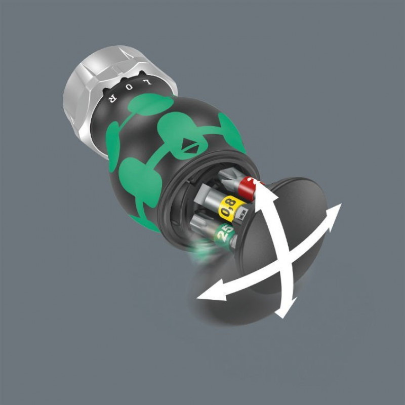 Короткая ручка с трещоткой и магазином для 6 бит 1/4 Kraftform Kompakt Stubby RA 1 Wera [05008883001] биты: шлицевые, PH и