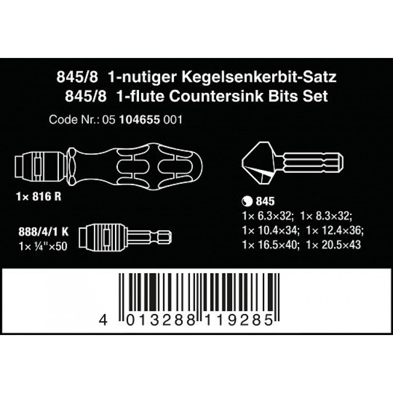 Набор однолезвийных зенкеров 90°, крепеж 1/4 дюйма, 845/8 Wera [05104655001], 8 шт.