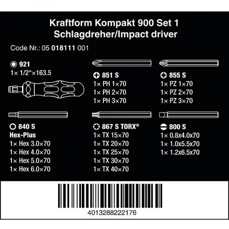 Ударный гайковерт 1/4 с набором бит 18 70 мм, Kraftform Kompakt 900 Set 1, Wera [05018110001] 2go