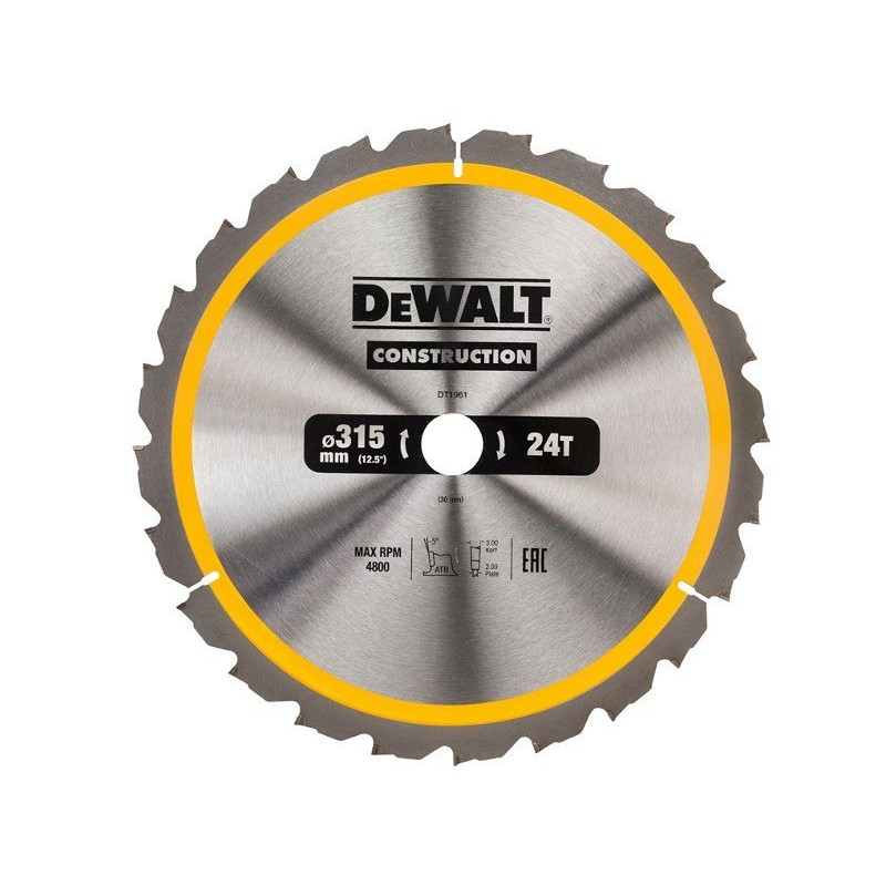 Дисковая пилка для резки древесины 315/30 мм, толщина реза 3,0 мм, 24 зубца, СТРОИТЕЛЬНАЯ DeWALT [DT1961-QZ]