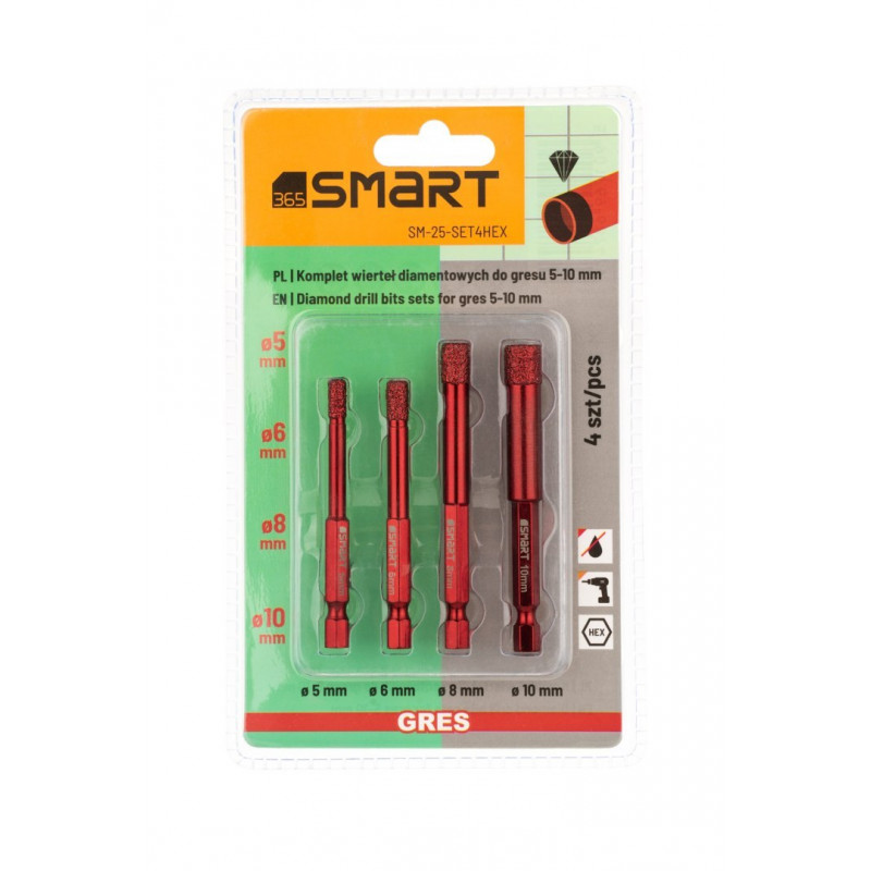 Набор из 4 алмазных кольцевых пил для керамики 4, 5, 8, 10 мм, сухие, 365 SMART [SM-25-SET4HEX]