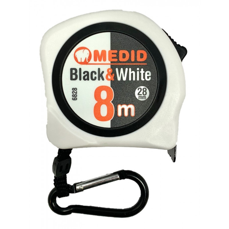 Рулетка 8 м/28 мм, белая лента, двухсторонняя, карабин [MEDID 6828]