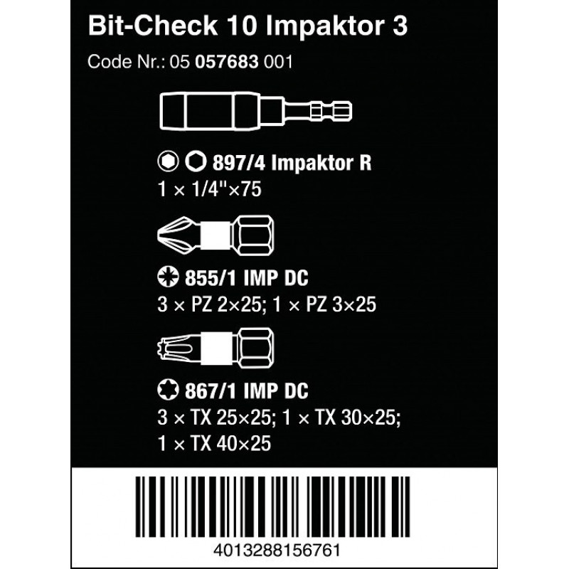 Набір біт Torx з адаптером для викрутки 1/4, 10 шт. Bit-Check 10 Impaktor 3 Wera [05057683001]