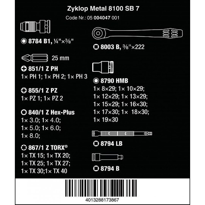 Набор головок 3/8 и бит 1/4, Zyklop Metal, 29 предм. [05004047001]