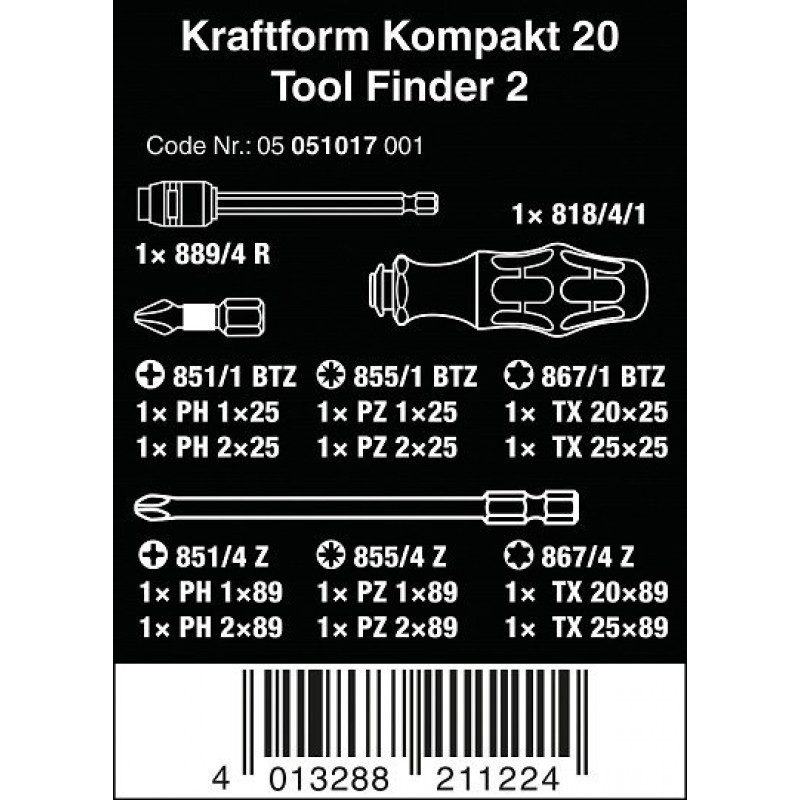 Набір біт 1/4 з ручкою та магнітним тримачем Rapidator, Kraftform Kompakt 20 Tool Finder 2, Wera [05051017001] 2go