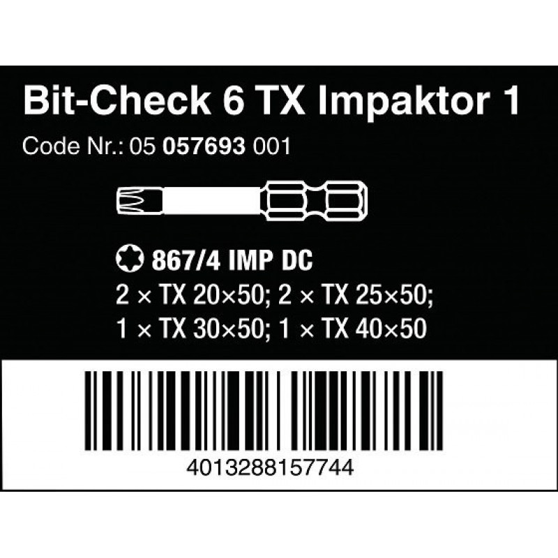 Набір біт TORX 50 мм 1/4, Bit-Check 6 TX Impaktor 1 Wera [05057693001]