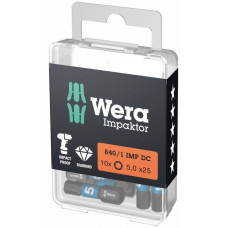 Набор из 10 ударных бит 1/4 для винтов с внутренним шестигранником, HEX 5/25 мм, серия 840/1 IMP DC Impaktor, WERA [05057605001]