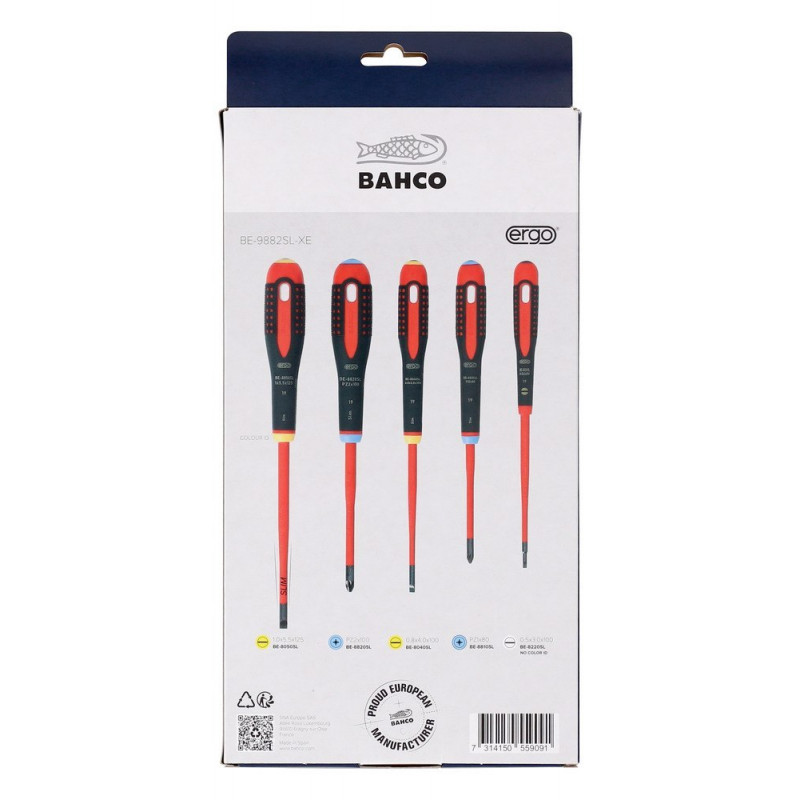 Набор из 5 изолированных отверток с тонким лезвием, ERGO для прямых винтов и винтов Pozidriv, Bahco [BE-9882SL-XE] в рождественском предложении