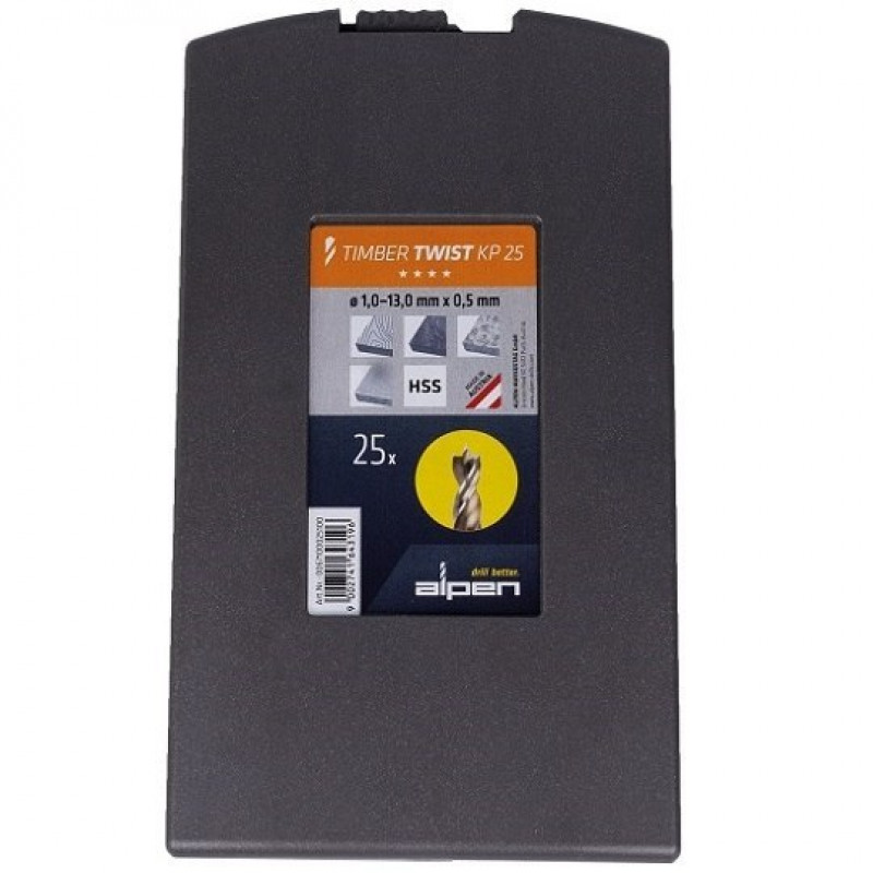 Комплект: 25 шт. свердел HSS для дерева 1-13 мм, Timber Twist KP 25 + зенкер 16,5 мм, Alpen [0067100026100]