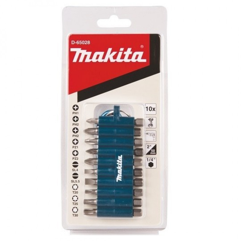 Набір з 10 шт. біт 1/4, 50 мм, у гумовому тримачі, Makita [D-65028]