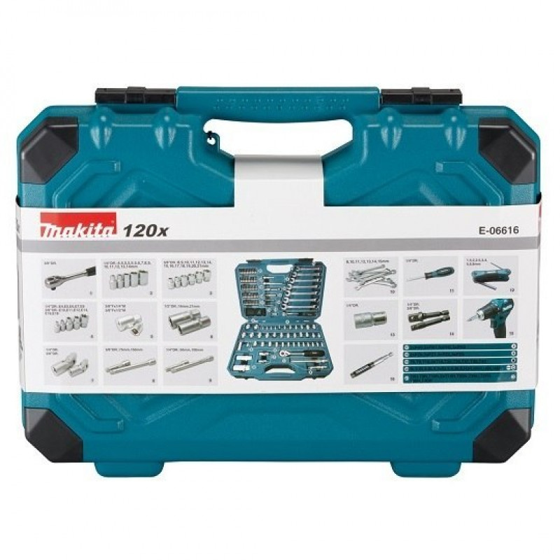 Набір із 120 інструментів та аксесуарів Makita: гайкові ключі, головки та біти [E-06616]