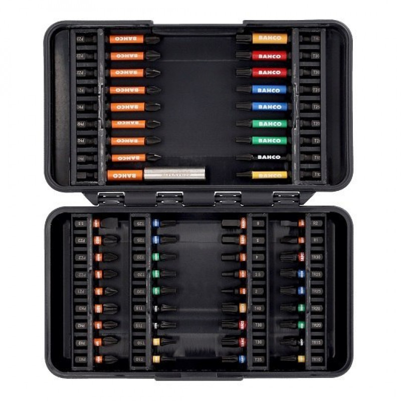 Набір ударних біт 1/4, для плоских гвинтів, PH, PZ, TORX, TORX з отвором, HEX, Robertson, 54 предм. BAHCO [66IM/54C-1]