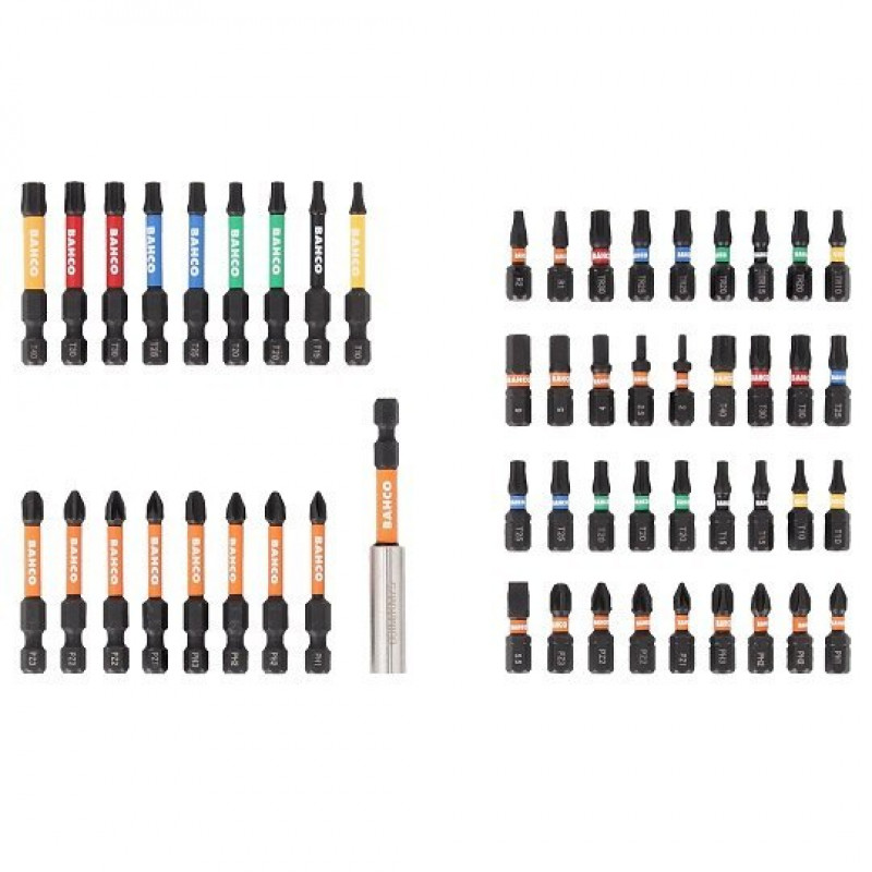 Набір ударних біт 1/4, для плоских гвинтів, PH, PZ, TORX, TORX з отвором, HEX, Robertson, 54 предм. BAHCO [66IM/54C-1]