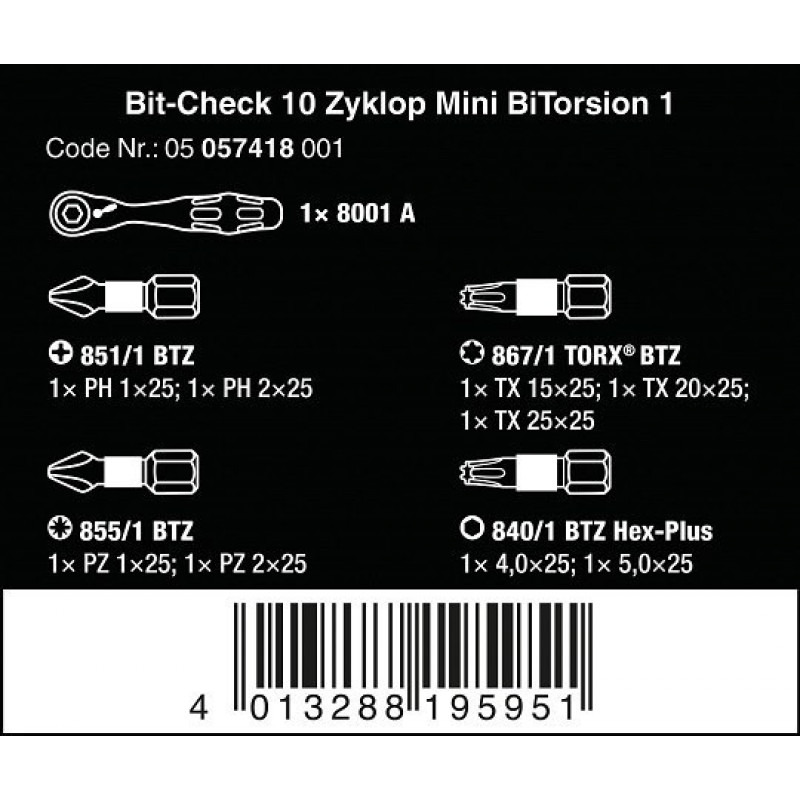 Набір біт 1/4 з тріскачкою Zyklop Mini 1, Bit-Check 10 Zyklop Mini BiTorsion 1, Wera [05057418001]