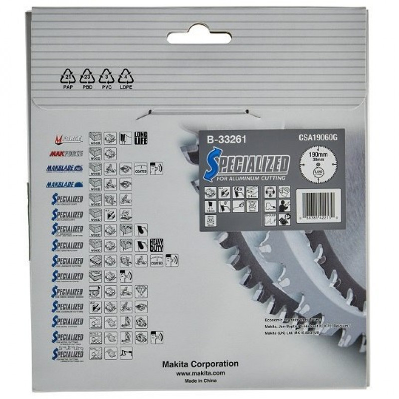 Дискова пилкова пилка для алюмінію, ПВХ, ламінату, 190/30 мм, 60 зубців, SPECIALIZED Makita [B-33261]