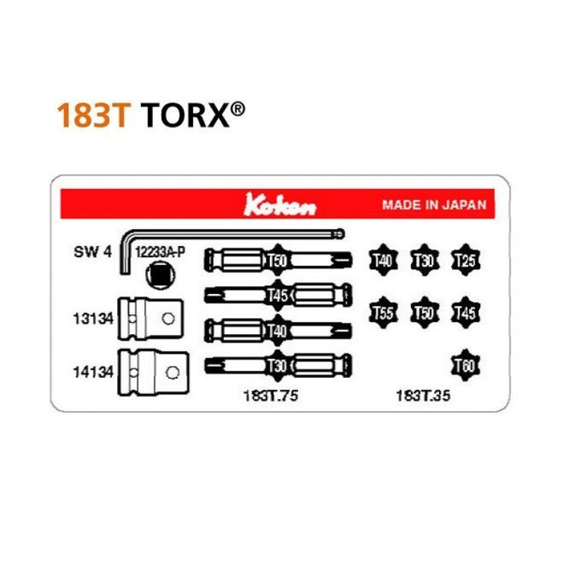 Набір біт TORX з розмірами приводу 7/16 T25-T60 + 3 адаптери KOKEN [499786]