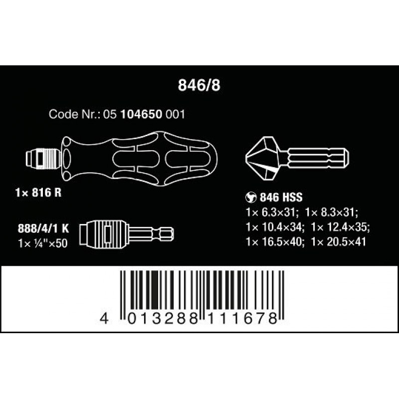Набір зенкерів M3-M10, HSS 90', кріплення 1/4, 846/8 Wera [05104650001] 8 предм.