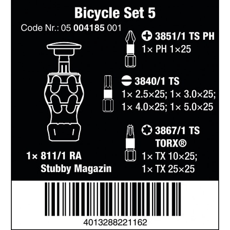 Коротка ручка з магазином, 7 біт 1/4, набір велосипедних біт 5, біти Wera [05004185001]: PH, Torx та Hex-plus
