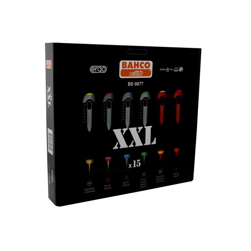 Набор из 15 отверток ERGO для шлицевых, крестовых, Pozidriv и TORX винтов, BAHCO [BE-9877]