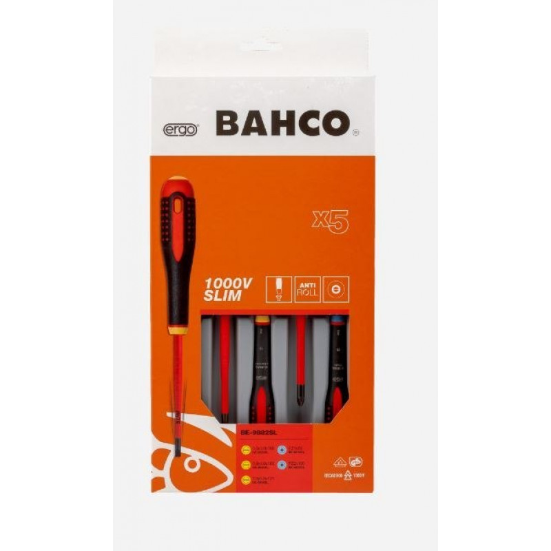 Набор из 5 изолированных отверток с тонким лезвием, ERGO для прямых винтов и винтов Pozidriv, Bahco [BE-9882SL]