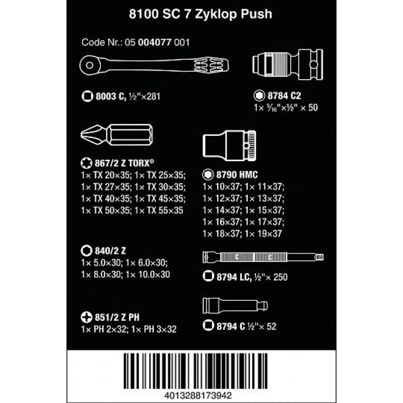 Набір із 28 торцевих ключів та біт 1/2 10-19 мм Zyklop Metal 8100 SC 7 Wera [05004077001]