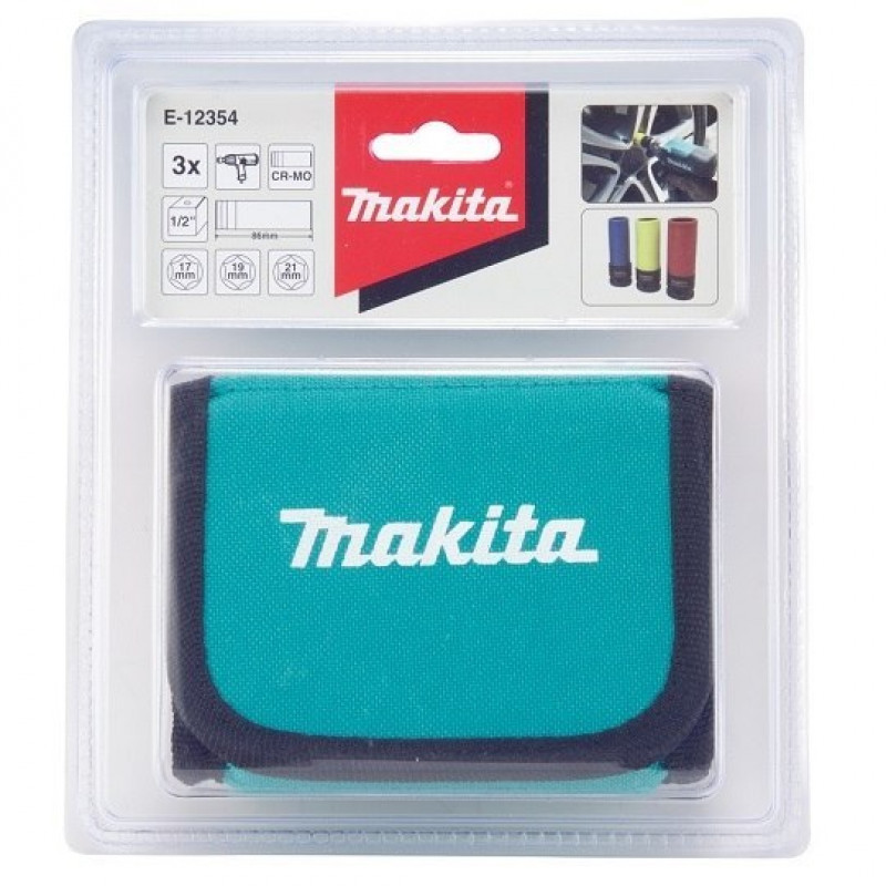 Набір із 3 шестигранних ударних головок для коліс, 1/2, 17, 19, 21 мм, Makita [E-12354] у футлярі