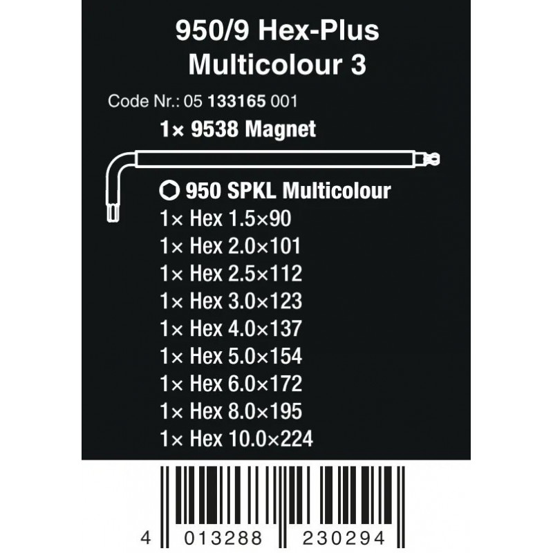 Набір із 9 шестигранних ключів із кульовою головкою для гвинтів із внутрішнім шестигранником, 950/9 Hex-Plus Multicolour 3, Wera [05133165001] у тримачі з нержавіючої сталі