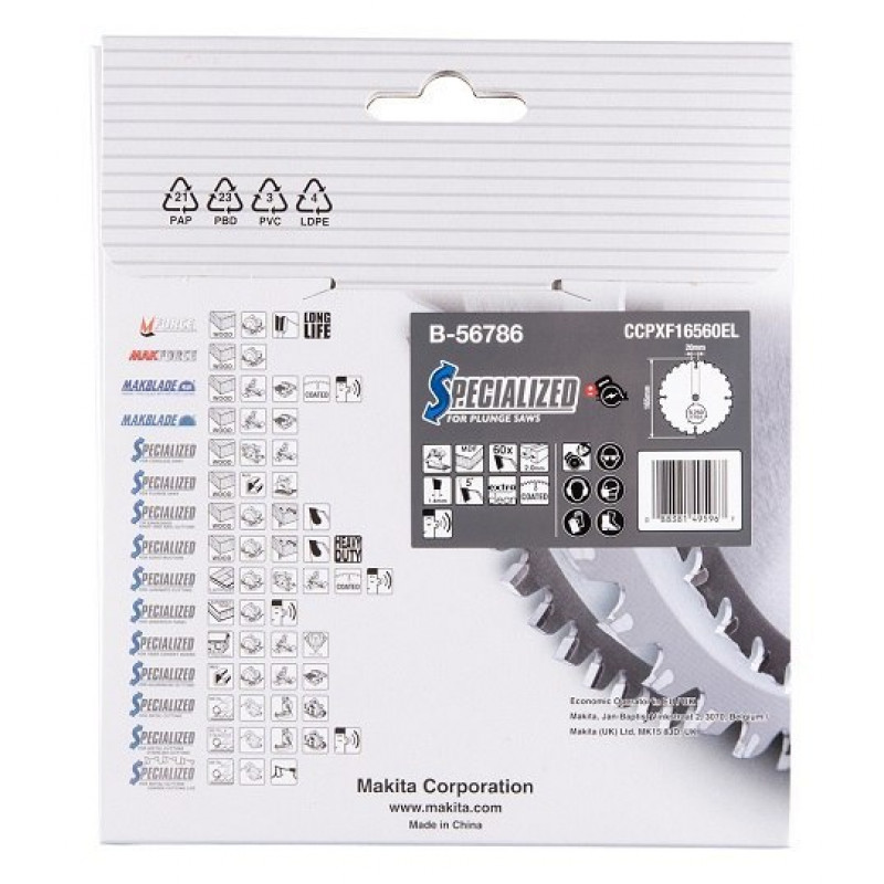 Дискова пилка для різання дерева, ламінату, МДФ, 165/20/2.0 мм, 60 зубів, SPECIALIZED, Makita [B-56786]