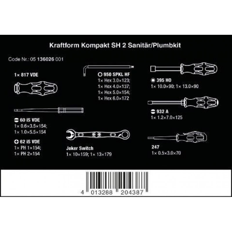 Набор инструментов для монтажа отопления и водопровода Kraftform Kompakt SH 2 Wera [05136026001] 2go, 15 частей