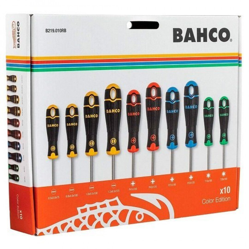 Набор из 10 отверток для шлицевых, PH, PZ и TORX винтов, BAHCOFIT Color Edition, Bahco [B219.010RB]