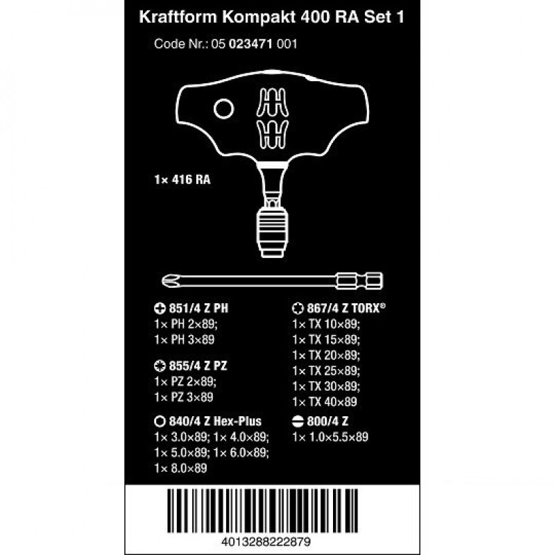Набір із 16 біт 1/4 з Т-подібною ручкою та тріскачкою, Kraftform Kompakt 400 RA, Комплект 1 WERA [05023471001] 2go