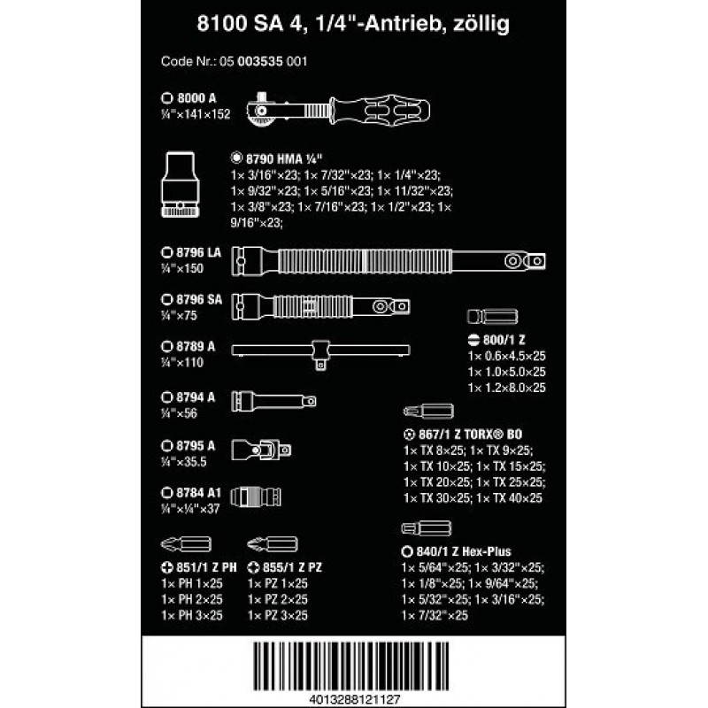 Набор из 41 торцевых ключей и трещоточных бит Kraftform 8100 SA 4 Zyklop Speed 1/4 Wera [05003535001] дюйм