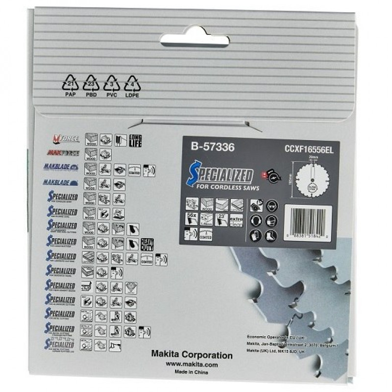 Дискова пилка для різання дерева, ламінату, МДФ 165/20/1,45 мм, 56 зубів, SPECIALIZED Makita [B-57336]