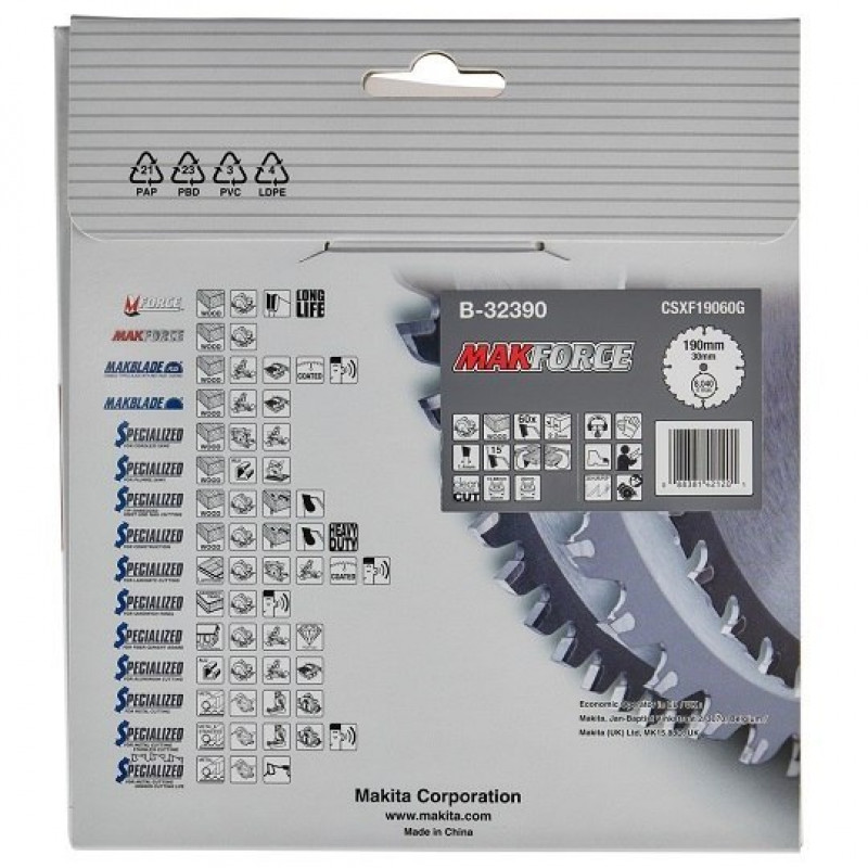 Дисковая пилка MAKFORCE для резки древесины 190/30/2.2 мм, 60 зубов, Makita [B-32390]