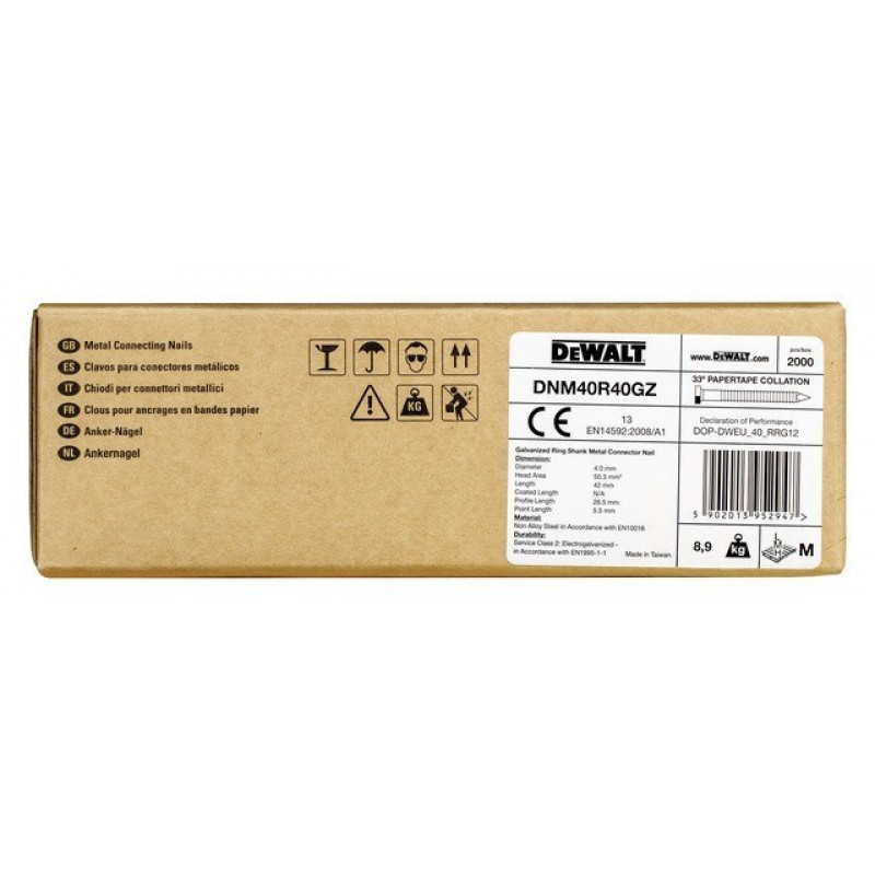 Анкерные гвозди, бумажные, с кольцевым хвостовиком, оцинкованные, 33°, класс 2, диаметр 4,0 мм, длина 40 мм, DeWalt [DNM40R40
