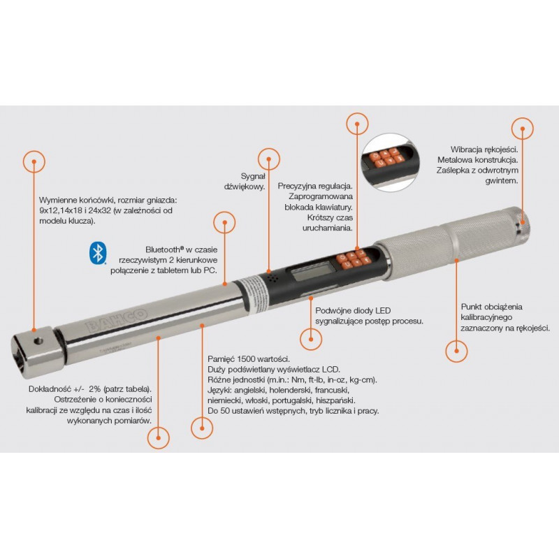 Электронный динамометрический ключ с измерением крутящего момента и угла, памятью и Bluetooth-соединением, 17-340 Нм, крепление Bahco [TAWMB14340]
